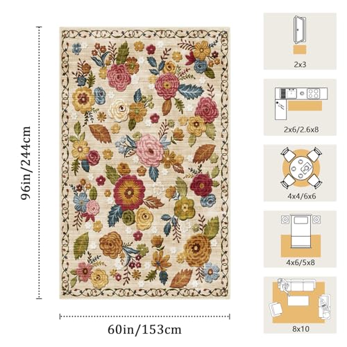 Washable 5x8 Area Rug, Beige Boho Floral Non-Slip for Living Room, Bedroom - color: Beige, Cream, Mustard, Brick Red and Blue, size: 5' x 8' (Rectangular)