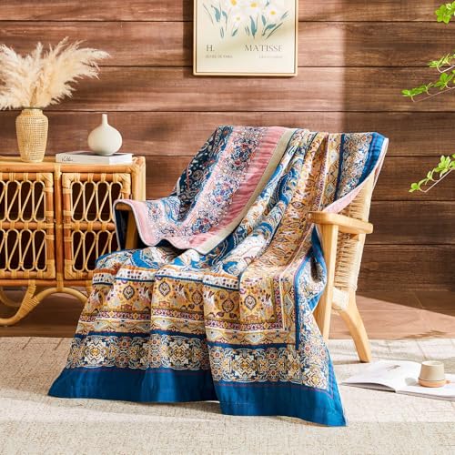 Boho Throw Blanket 100% Cotton Muslin Woven Blanket Bohemian Bed Throws Vintage Rustic Farmhouse Decor Reversible Bed Blanket Quilt for All Seasons(Blue 90"x98") - color: C-blue Boho Blanket, size: Queen-90"x98"