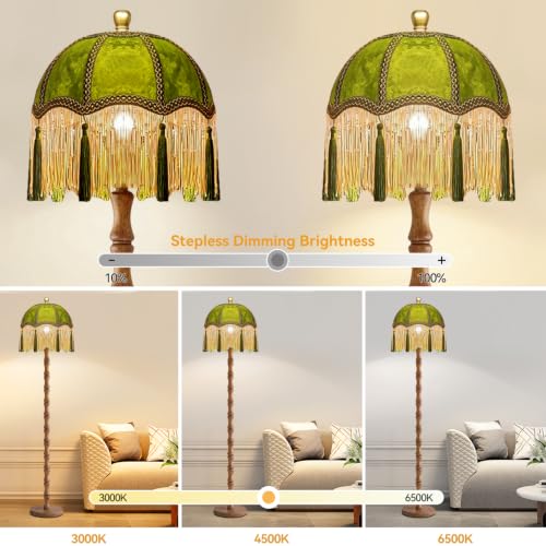 QIYIZM Vintage Floor Lamp for Living Room,Bedroom,Fringe Standing Lamp with Remote Dimmable,Green Mid Century Gold Tall Lamp Boho Retro Wood Tassel Flower Unique Lamp Tiffany Decor - size: Floor Lamp--21