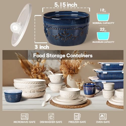 Artena Meal Prep Containers 22 OZ, 4 Pack Snack Containers, Reusable Food Storage Containers With Lids For Soup Yogurt Oatmeal Lunch Breakfast, Ceramic Cereal Bowls (Blue, Damask Floral) - size: 5.15 inch (Damask Floral, Blue)