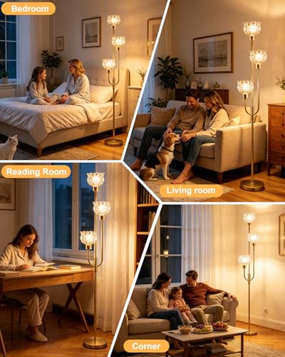 3-Light Glass Floor Lamp 66IN Modern Amber Glass Gold Dimmable Floor Lamps - color: Amber Tulip-Gold