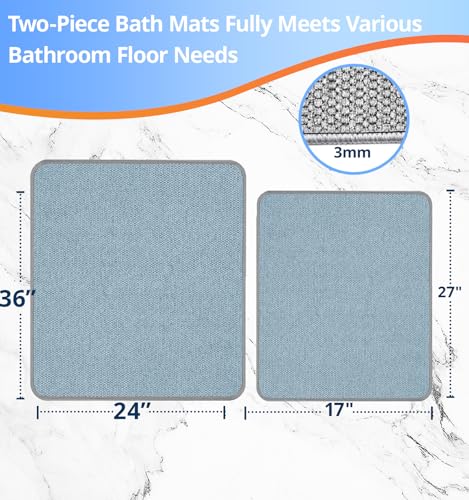 HOMTEB Bathroom Rugs Sets 2 Piece, Thin Bath Mat Absorbent Quick Dry, Machine Washable, Rubber Backing for Non Slip, Low Pile Cozy Cloth Bathroom Rug Set for Tub/Sink/Shower (27"x17" & 36"x24", Blue) - color: Blue, size: 27"x17"+36"x24"-2pack