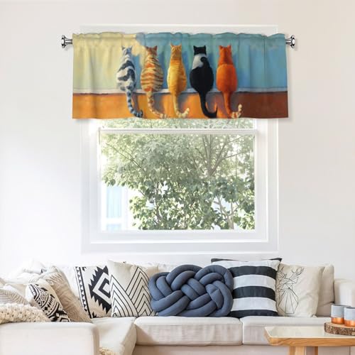 Cute Cat Curtain Valance Short Rod Pocket Window Treatment for Living Room Bedroom Kitchen Bathroom 1 Panel 54" W x 18" L - color: Cute Cat