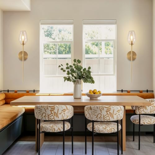 Battery Operated wall Sconce Set of 2 Flower Glass 3000K~6000K Rechargeable Gold Wall Light Fixture Wireless Wall Lights with Clear Glass Shade for Living Room, Hallway, Bedroom(2 Pack)