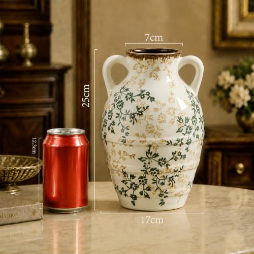 Vintage Farmhouse Ceramic Vase with Double Handles, 9.8 Inch Hand-Painted Floral Crackle Glaze Decorative Vase for Dried Flowers, Home Decor for Living Room, Mantel, Shelf, Table Centerpiece - color: Dark Green and Light Beige