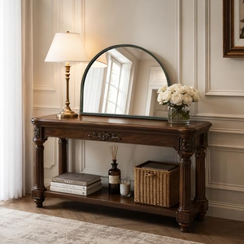 HOMECOOKIN Black Vintage Arched Mirror, 24x32 Inch Vanity Wall Mirror with Antique Metal Beaded Ornate Frame, Baroque Decorative Mirror for Bathroom, Living Room, Fireplace, Entryway - color: Black-a, size: 24"L x 32"W