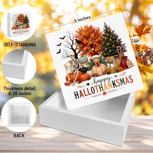 Halloween Hallowthanksmas Desk Decor, Skeleton Pumpkin Christmas Tree Wooden Box Sign, Fall Shelf Decor for Home Office Thanksgiving Table Decoration 5x5 Inches - color: Sign-8