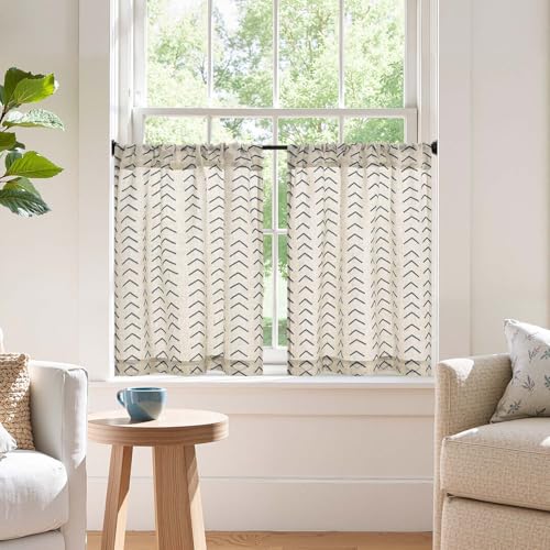 jinchan Black Boho Linen Kitchen Tier Curtains 24 Inch Rod Pocket 2 Panels - color: Arrow | Black on Linen, size: 26"W x 24"L (Pack of 2)