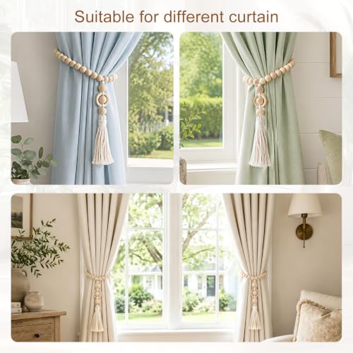 Magnetic Wood Bead Curtain Tiebacks Boho Farmhouse