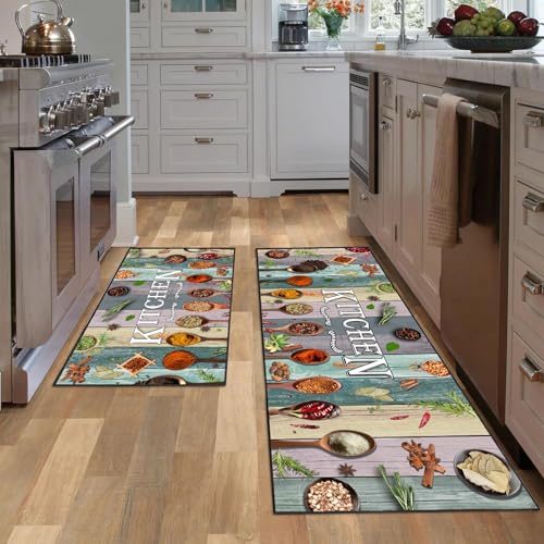 Kitchen Mats for Floor 2 Piece Decorative Set, Farmhouse Spices Kitchen Rug, Absorbent Washable Non-Slip Floor Mats 17x30+17x47 Inches - color: Spice