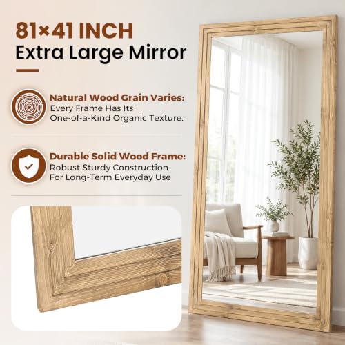 81x41in Full Length Mirror, 3-Tier Stepped Wood Frame, Light Brown - color: Light Brown, size: 81"L x 41"W