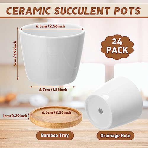 Hsei 24 Pack 2.5 Inch Mini Ceramic Succulent Pots with Bamboo Trays, White