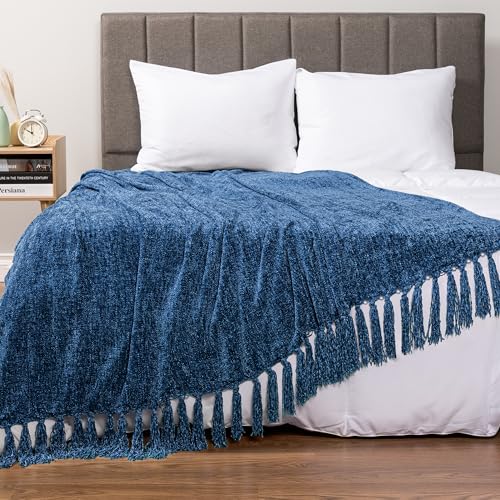 PAVILIA Chenille Throw Blanket, Knit Twin Size Tassel Throw, Blue 60x80 - color: Blue, size: 60 X 80 Inches - Twin