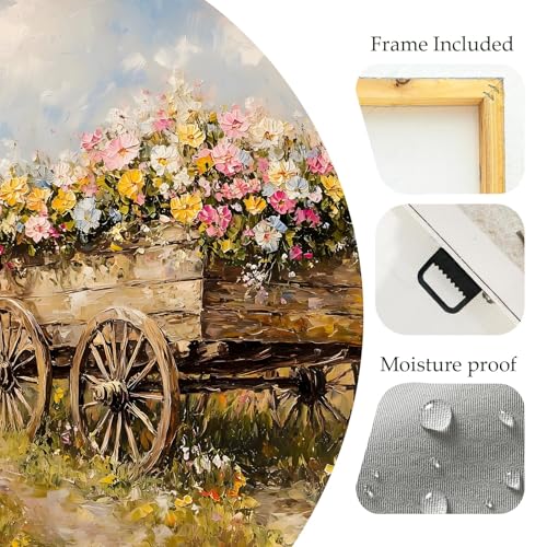 LJXDUBAF Vintage Floral Canvas Wall Art,Rustic Meadow with Flowers Landscape Framed Poster, Farmhouse Style Artwork for Living Room Bedroom Bathroom Kitchen Decor (Flower 01, 24L×24W) - color: Flower 01, size: 24L"×24W"