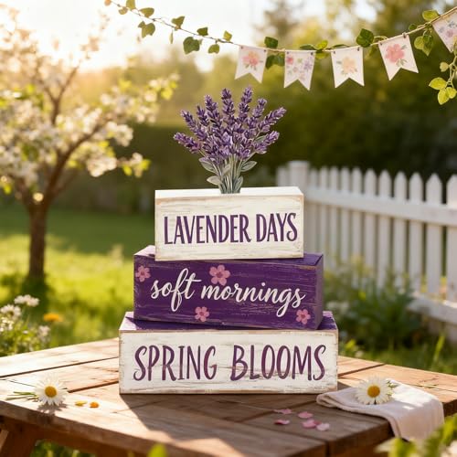 Spring Decoration Wooden Tiered Tray Decor – Rustic Lavender Days Stacked Block Sign with Lavender Flower Topper – Farmhouse Tabletop Spring Decor for Living Room Shelf Kitchen Coffee Bar Seasonal Home Display - style: Lavender