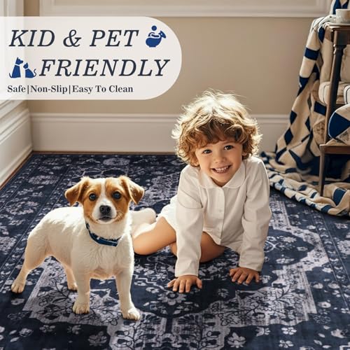 nesrt Boho Vintage Area Rugs 8x10ft for Living Room, Non-Slip Large Bedroom Rug, Soft Faux Wool Thin Printed Distressed Floor Carpet for Dining Room Kids Room Playroom Farmhouse Office(Blue) - color: Blue, size: 8' x 10' (Rectangular)