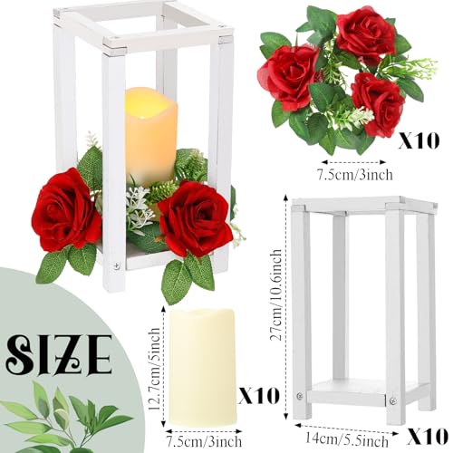 Hushee 30 Pcs Wooden Wedding Lantern Centerpiece, Red Rose, White - color: White and Red, size: 10.6 x 5.5 x 5.5 inches