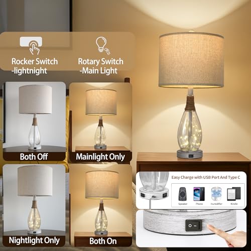 OYEARS 23" USB A+C Table Lamp for Bedroom Living Room Modern Bedside Lamps Retro Farmhouse Rattan Glass Nightstand Nightlight Lamps (White),Two Light Points - color: Antique White