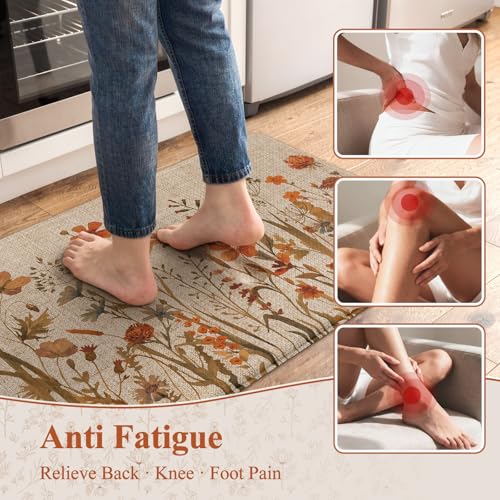 KIMODE Fall Kitchen Mats Cushioned Anti Fatigue, Orange Boho Farmhouse Rugs - color: Floral/Orange, size: 47"L x 17.3"W x 0.47"Th + 29"L x 17.3"W x 0.47"Th