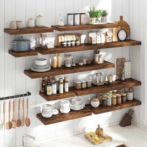 55 Inch Floating Shelves for Wall 2 Pack, 12"D Wood Grain Bathroom Shelves - color: Rustic Brown Finish, size: 55"W x 12"D x 1.5"H, 2 Pack