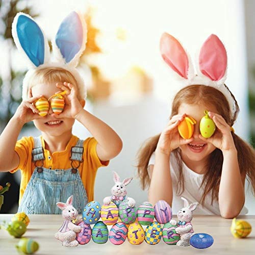 Gonetre Hand Painted Easter Eggs Bunny Tabletop Decor,Bunny Rejoice Table Top Centerpieces,Spring Easter Bunny Eggs Decorations Easter Indoor Home Decor Easter Eggs