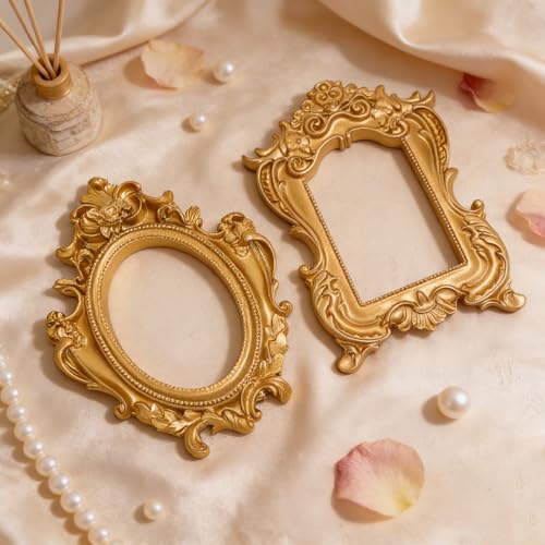 6Pcs Mini Gold Frames Small Vintage Resin Picture Frames for DIY - color: Brass, style: Style 2