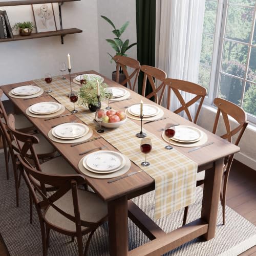 Encasa XO Table Runner, Woven Cotton Dining Linens 13"x59" Beige - color: Franca Beige Checks, size: 13x59 in