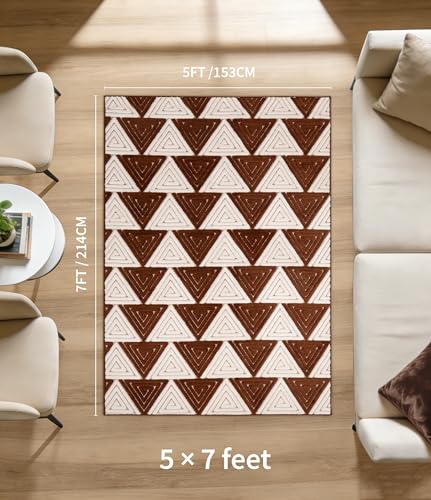 YIHOUSE Brown and Beige Ultra Soft Area Rugs for Bedroom 5x7, Geometric Rug with Triangular Patterns, Comfortable Washable Rugs for Bedroom and Living Room - color: Brown & Beige Triangle, size: 5' x 7'