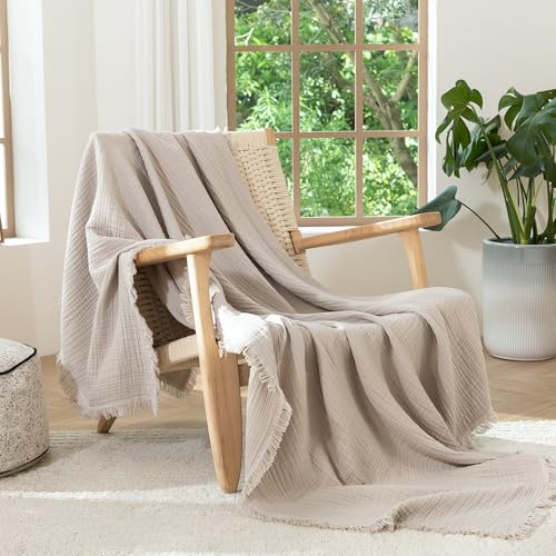 MooMee 100% Cotton Muslin Blanket, Fringed 4-Layer Gauze Bed Throw Blankets - color: Cream Grey, size: Oversize Queen