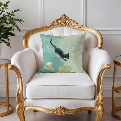 Black Cat Art Painting Throw Pillow Covers 18x18, Aesthetic Cats Decor Pillow Covers for Room Bedroom, Elegant Swimming, Black Cat Decor, Cats Lovers Lady Mom Grandma Gifts - color: Style03