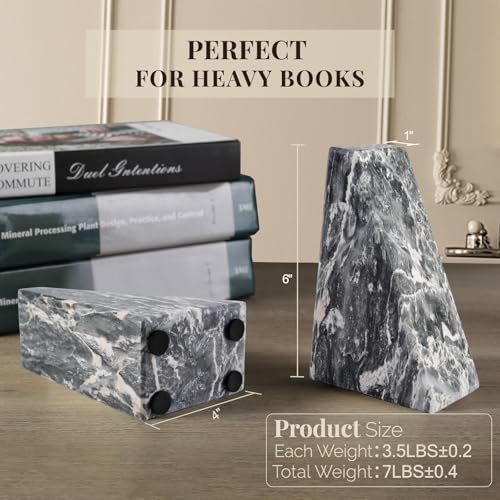 Koville Marble Bookends for Shelves, Large Bookends for Heavy Books, Natural Stone Book Stopper for Books CD Movies, Aesthetic Decorative Book Ends (Grey) - color: Gray