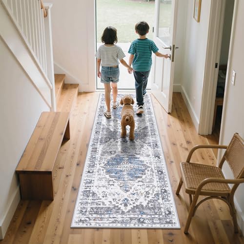 Ileading Washable Hallway Runner Rugs, 2x6 Non Slip Runners Area Rug for Entryway Kitchen Bathroom Bedroom Laundry Living Room, Long Narrow Low-Pile Floor Carpet Boho Vintage Throw Mat for Kids Room - color: Grey, size: 2' x 6' (Rectangular)