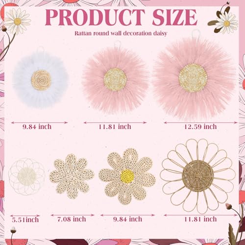 Chunful 7 Pcs Boho Wall Basket Decor Rattan Flower, Pink - color: Pink