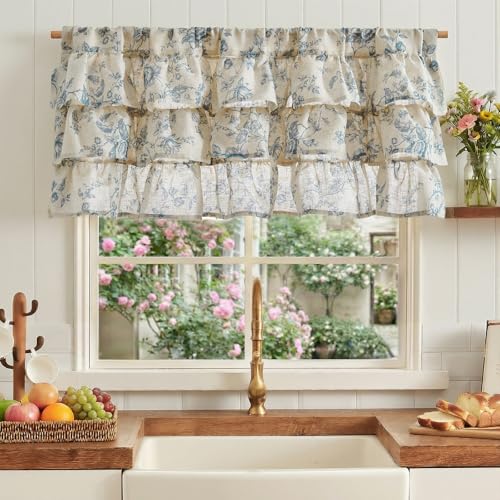 jinchan Amlie Ruffled Floral Valance Curtain 1 Panel 18 Inch Blue on Linen - color: Amlie Blue on Linen