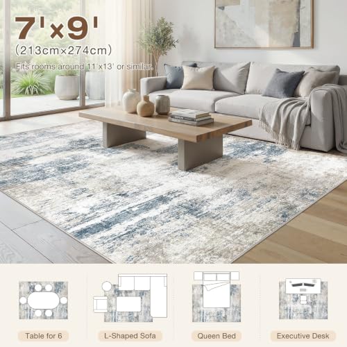 7X9 Area Rugs Washable Modern Abstract Non-Slip Large Rug for Living Room - color: Blue/Grey, size: 7' x 9' (Rectangular)