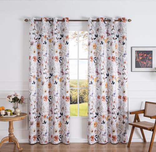Floral Print 100% Blackout Curtains 84 inch Long 2 Panels, White Botanical Pattern Thermal Insulated Room Darkening Window Drapes, Grommet Top Privacy Curtains for Bedroom Living Room, 52"W x 84"L - color: White Floral, size: 52"W x 84"L (Pack of 2)