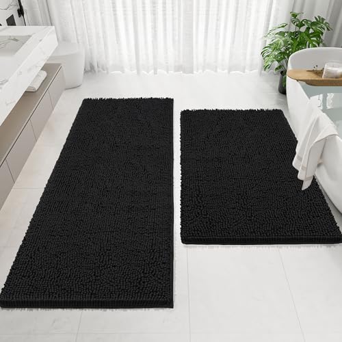 Bathroom Rugs Mat 72 x 24, Thick Soft Absorbent Chenille Bath Rugs, Rubber Backing Bath Mats for Bathroom Floor, Tub, Shower, Bedroom, Home Decor Accessories, Quick Dry Machine Washable, Black - color: Black, size: 72" x 24"