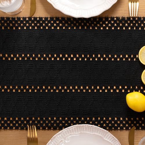 Boho Macrame Table Runner Black Burlap Small Dresser Runner - color: Black, size: 12" × 90"