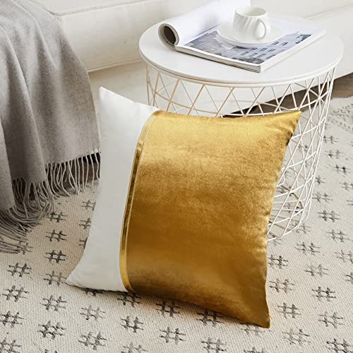 Fancy Homi 2 Packs Gold Decorative Throw Pillow Covers 20x20 Inch for Living Room Couch Bed, Velvet Patchwork with Gold Leather, Luxury Modern Farmhouse Home Decor, Accent Cushion Case 50x50 cm - color: Gold, size: 20" x 20" (Pack of 2)
