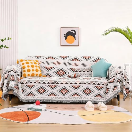 Luxlovery Beige Bohemian Sofa Throw Blankets Ethnic Woven Boho Geometric White and Khaki Throw Blanket for Couch Aztec Bed Throws Oversized Chair Sofa Cover with Tassels(70"x90") - color: Mocha, size: 70"x90",180x230cm