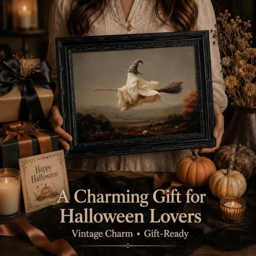 Framed Ghost Halloween Canvas Wall Art Witchy Broom Wall Decor 9x11 Inch
