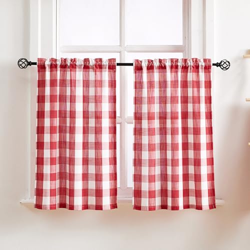 Red Plaid Kitchen Curtains Tiers 36" Half Window Café Curtains Semi Sheers - color: Red and White, size: 24"W x 36"L (Pack of 2)