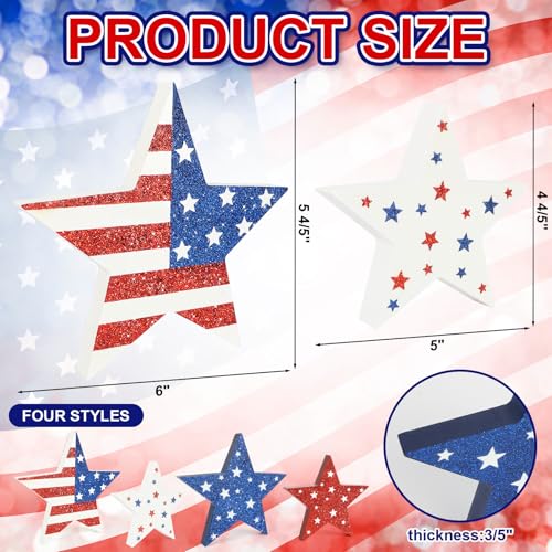 COCHIE 4th of July Decorations Wooden Star Set of 4, Labor Day Decor, Patriotic Memorial Day Tiered Tray Decor, Red White and Blue Veterans Day Decorations for Home Office Table Shelf (Shinny) - color: Shinny