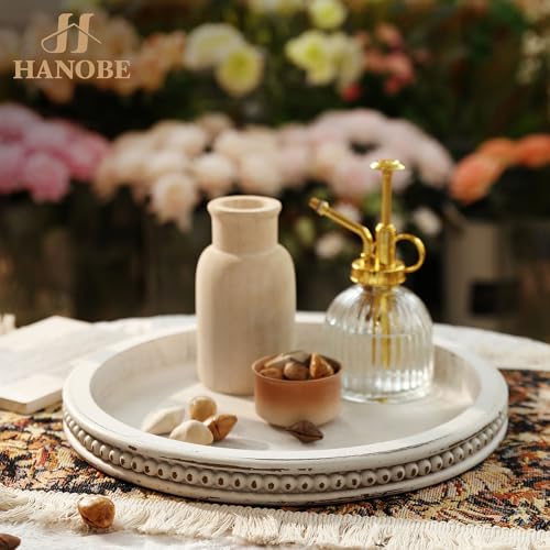 Hanobe Round White Candle Tray Holder for Coffee Table, Beaded Edge