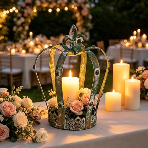 Vintage Distressed Green Metal Crown Lantern, Rustic Tabletop Candle Holder, Farmhouse Decor for Indoor Covered Outdoor Shelf & Mantel Display - color: Green Crown