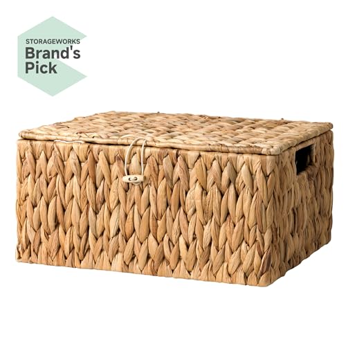 StorageWorks Wicker Basket with Lid, Storage Baskets with Lids, Hyacinth - color: Natural(Water Hyacinth), size: 15"L × 11"W × 7"H