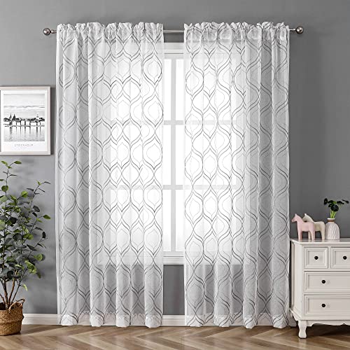 VISIONTEX White Sheer Curtains Grey Moroccan Embroidered 120 Inch Length - color: Moroccan-grey, size: 54"W x 120"L (Pack of 2)