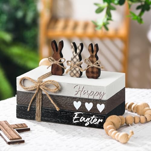 6 Pcs Easter Tiered Tray Decor Wooden Farmhouse Faux Stacked Books Easter Bunny Rabbit Decorative Table Centerpiece Block Signs for Party Home Kitchen Dining Table Decor - size: Happy Easter