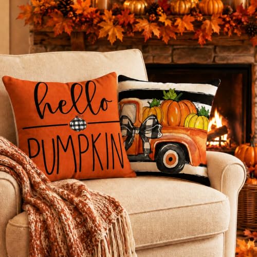 Fall Throw Pillow Covers for Home Strip Pumpkin Pillowcase 18x18 Set of 4 - color: Fall 01