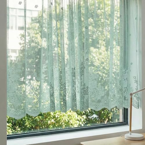Molaxhome Kitchen Curtains Valance Blue Lace Floral Semi Sheer Curtain - color: Blue-green, size: 54"W x 35"L (Pack of 1)